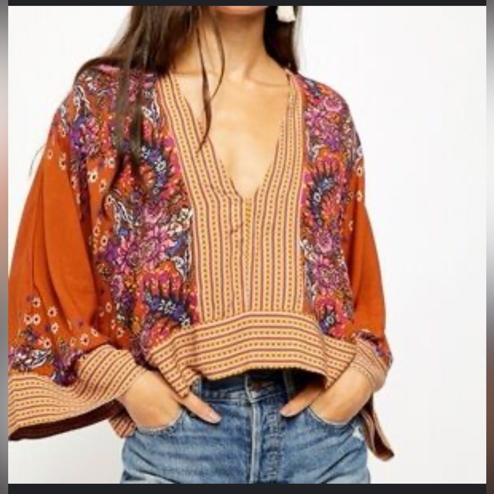 Free People V-Neck Floral Blouse - Orange and Purple